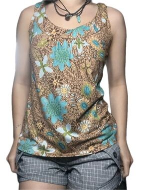 Brown Floral Scoop Tank Top with Turquoise Accents